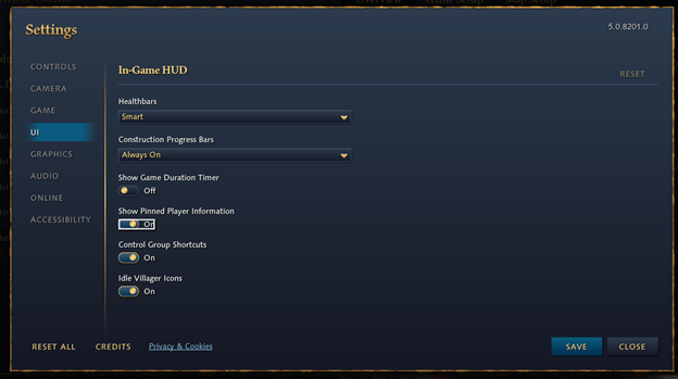 Screenshot of settings in-game menu with available options